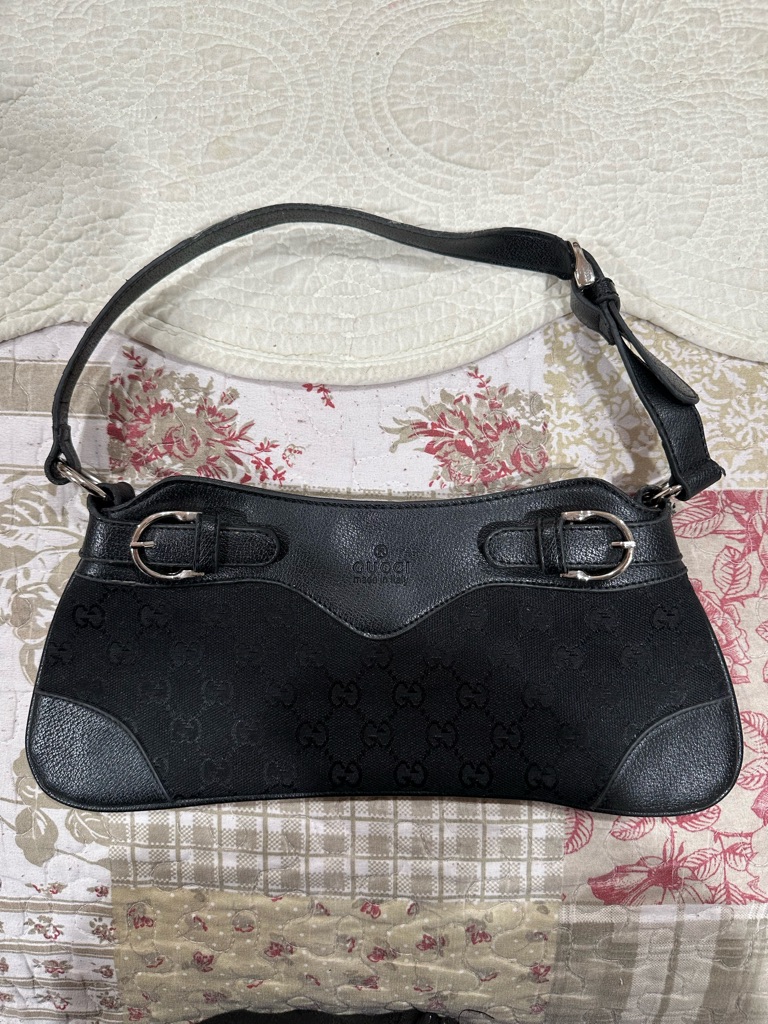 Vintage Black Shoulder Bag With Signature Jacquard And Leather Trim